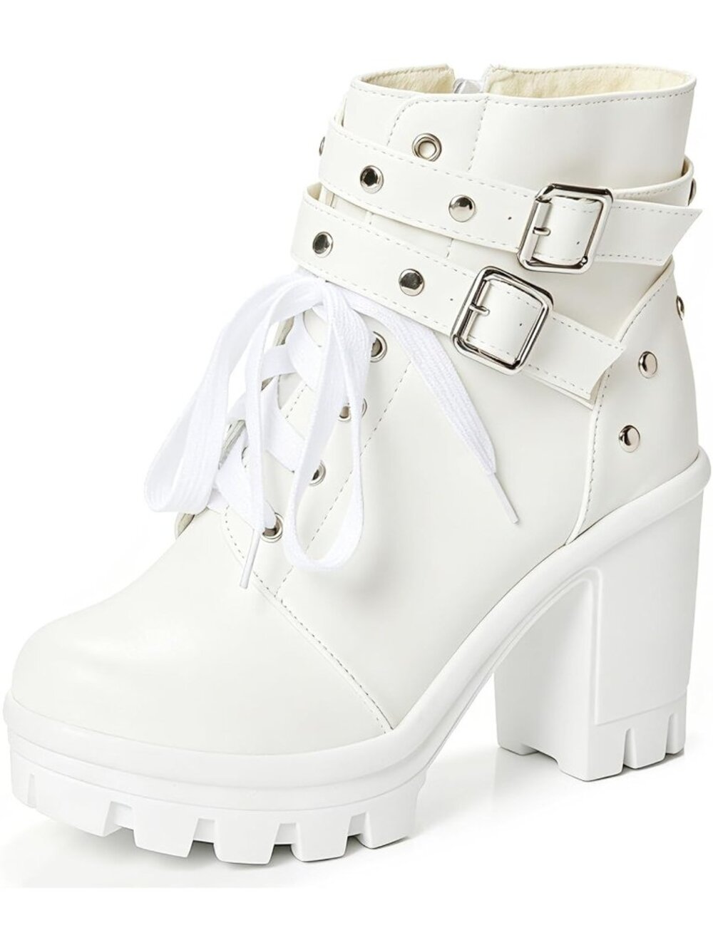 Women's Buckle White Goth Boots Chunky Heel Boots Combat Rivets Punk Goth Boots